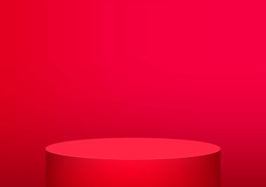Fotokopi alanı olan ürün gösterimi için boş podyum kırmızı arka plan. Showroom çekimi. Ürün tanıtımı için afiş arkaplanı.