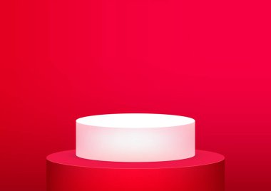 Fotokopi alanı olan ürün gösterimi için boş podyum kırmızı arka plan. Showroom çekimi. Ürün tanıtımı için afiş arkaplanı.