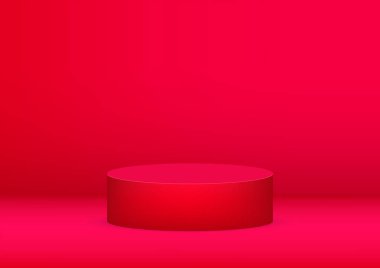 Fotokopi alanı olan ürün gösterimi için boş podyum kırmızı arka plan. Showroom çekimi. Ürün tanıtımı için afiş arkaplanı.