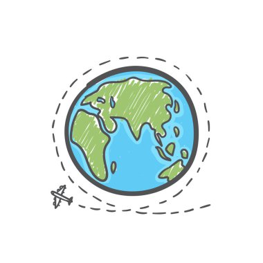 Hand drawn plane travel around the world. vector