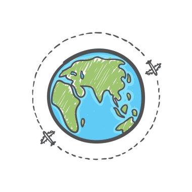 Hand drawn plane travel around the world. vector