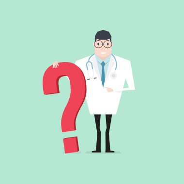 Gülümseyen doktor büyük soru işareti ile ayakta.