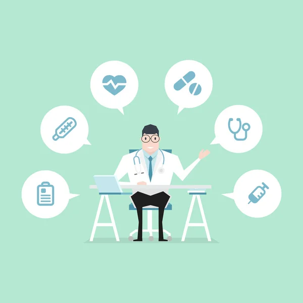 Doctor Sat Desk Medical Icons — Stock Vector