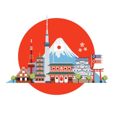 Japan travel places and landmarks. Travel postcard, tour advertising of Japan. clipart