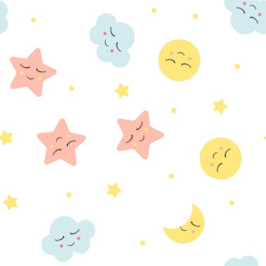 Beyaz arka planda sevimli bulutları, yıldızları ve ayları olan kusursuz desen.