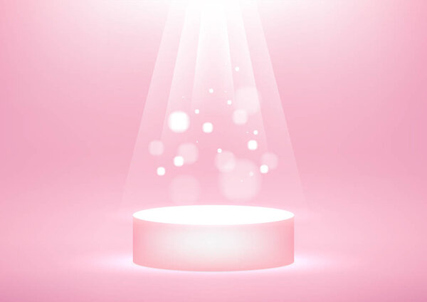 Empty podium with bright sparkling light rays on pink background for product display with copy space.