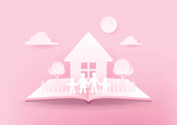 Livre Ouvert Famille Heureuse Maison Papier Famille Sur Fond Rose — Image vectorielle
