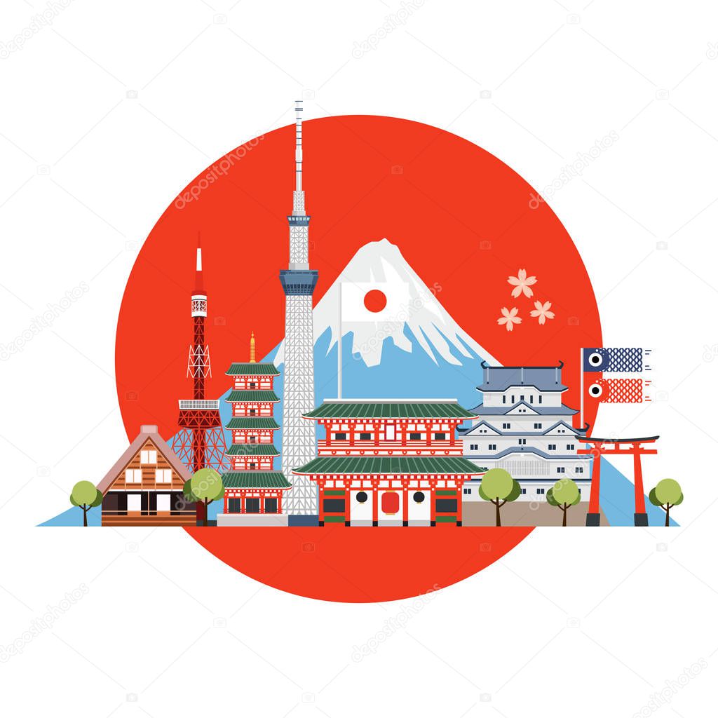 Japan travel places and landmarks. Travel postcard, tour advertising of Japan.