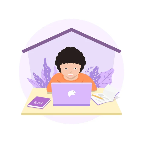 Távolsági Tanulási Megoldások Aranyos Kisfiú Használja Laptop Online Oktatás Otthon — Stock Vector