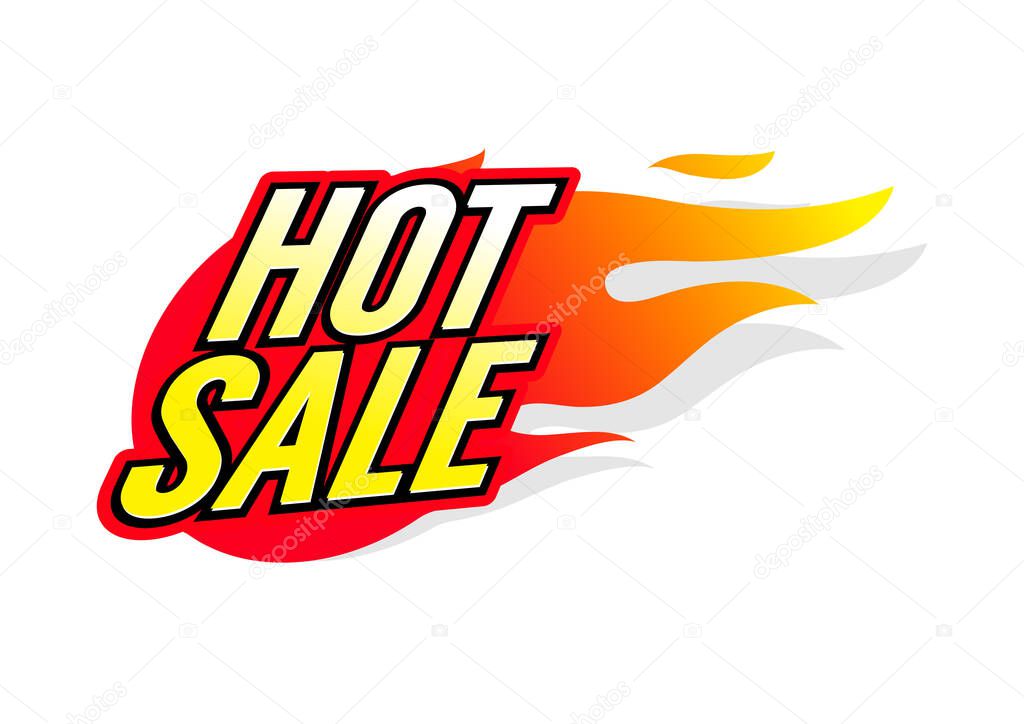 Hot Sale label. Hot fire sign, promotion fire banner, price tag, hot sale, offer, price.