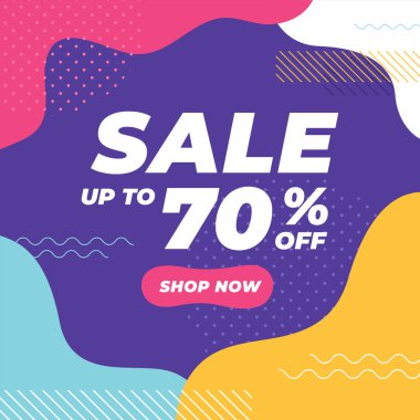 Renkli geometrik şekiller pankartıyla% 70 'e varan indirim.