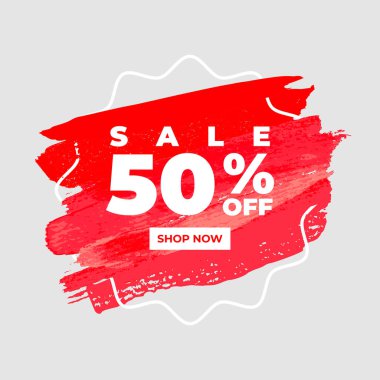 Suluboya fırça boyası arkaplanından% 50 'ye kadar indirimli mesaj var. Satış ve tanıtım afişi.