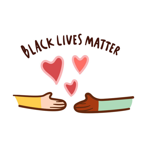 Black lives matter with love, hand drawn symbol. Black and white together handshake concept.