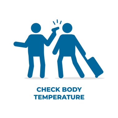 Yeni normal vücut sıcaklığı konsepti. Havaalanındaki tıbbi dijital kızılötesi termometreyle yolcuların sıcaklığını ölçen personel.
