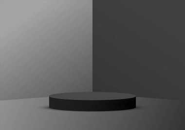 Fotokopi alanı olan ürün sergisi için boş podyum stüdyosu siyah arkaplan. Showroom çekimi. Ürün tanıtımı için afiş arkaplanı.