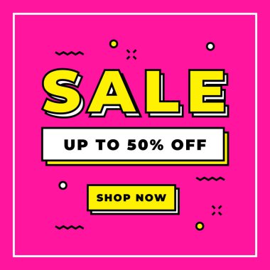 Pembe arka plan şablonunda% 50 indirimli promosyon afişi.