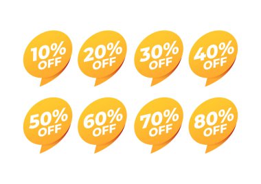 İndirim ve indirim etiketleri. Etiket simgesinden fiyat düşür. 10, 20, 30, 40, 50, 60, 70, 80% indirim.