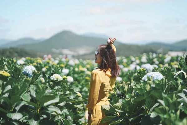 Glückliche Asiatin Hält Ihre Hand Einem Hortensienfeld — Stockfoto