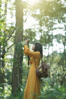 Çekici Asyalı kadın macerası ormanı geziyor doğal olarak ve fotoğraf makinesi kullanarak tatil gezisi konseptinde fotoğraf çekiyor..