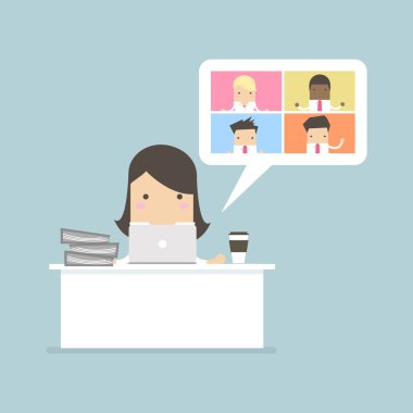 İş kadını video konferansında iş görüşmesi yapıyor. Çevrimiçi sanal toplantılar, Evden Çalışmalar.