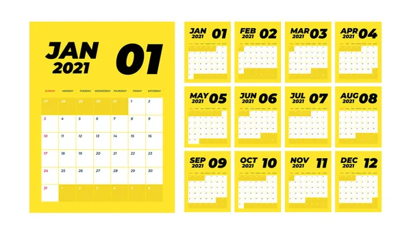 Year 2021 Monthly Desk Calendar Week Starts Sunday Calendar 2021 — Stock Vector