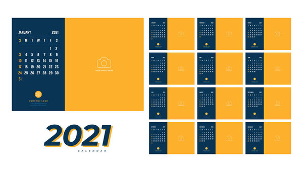 Year 2021 monthly desk calendar. Week starts Sunday. Calendar 2021 template with place for photo and company logo.