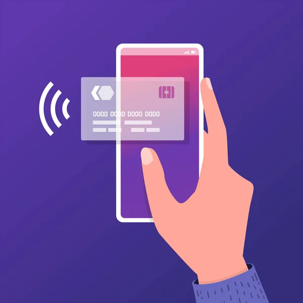 画面上でクレジットカードでスマートフォンを保持手 モバイル決済オンライン銀行振込 — ストックベクタ