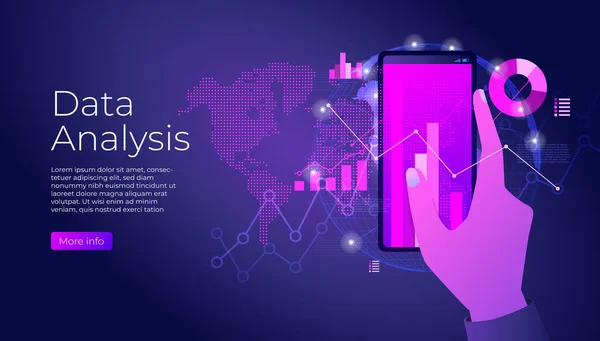 Data Analysis Smartphone Line Chart Graphs Hand Holds Phone Design — Stock Vector