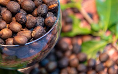 Kahve çekirdekleri (Coffee sp). Kahve yaprakları. Ahşap arka. Kahve çekirdekleri kavrulmuş ve yeşil. Sıcak içecek için gerekli malzemeler. Tahrik edici ve canlandırıcı. Kafein kaynağı. Brezilya kahvesi..