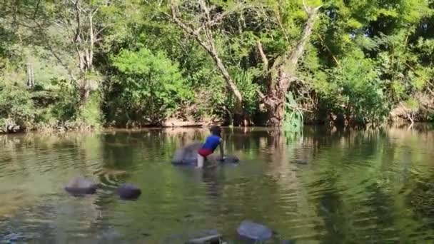 Ragazzo Caucasico Brasiliano Che Gioca Nel Torrente Acqua Dolce — Video Stock