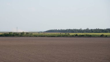 Toprak hazırlığı. Güney Brezilya 'da sulanmış pirinç ekme ve ekme. Kırsal alan. Tahıl üretim alanı. Dünya için yiyecek. Tarım sektörü.