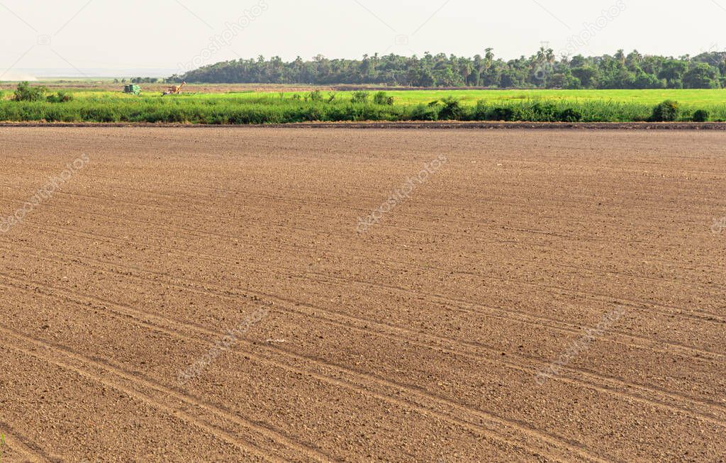 Land preparation. Planting and sowing of irrigated rice in southern Brazil. Rural landscape. Grain production area. Food for the world. Agribusiness.