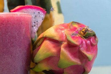 Pitaya suyu ve taze meyve. Pitaya suyu vitamin açısından zengindir ve sağlık için harikadır. Detoks ve düşük kalorili içecek. Egzotik ve ferahlatıcı bir içecek. Ejderha meyvesi.