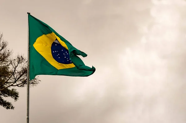 Brazil\'s flag. Flag fluttering in the wind. Symbol of the Brazilian homeland. Pavilion. National symbol. Blows cloudy. Rain clouds.