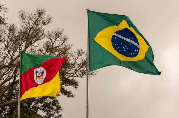 Rio Grande do Sul ve Brezilya bayrakları. Bayrak, bir devlet, ülke, devlet, belediye, bölge mahkemesi, ilçe, mahalle, toplum, klan, taç veya krallığın görsel sembolüdür..