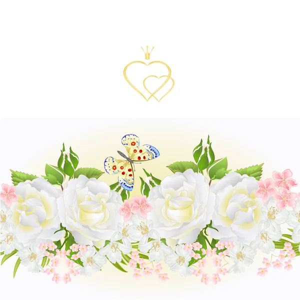Floral Bordure Sans Couture Fond Blanc Roses Bourgeons Papillon Vintage — Image vectorielle