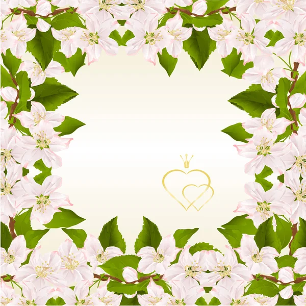 花ビンテージ ベクトル図グリーティング カード編集可能な手でリンゴの木の枝と花のフレームの背景を描く — ストックベクタ