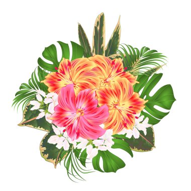 Buket tropikal ile güzel sarı ve pembe Lily Alstroemeria, palmiye, bitkiyi ve ficus tarih düzenlenebilir el çizmek beyaz arka plan vintage vektör çizim çiçek aranjman çiçek 