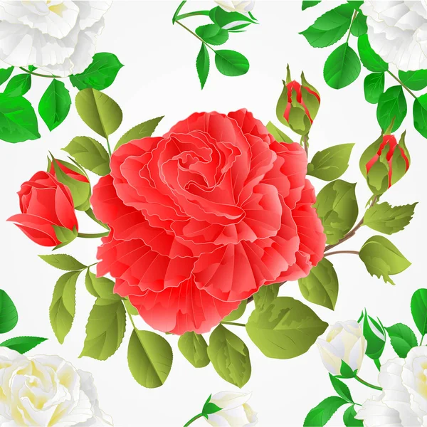 无缝纹理白色和粉红色的玫瑰与芽和叶复古节日背景矢量植物插画手绘画 — 图库矢量图片