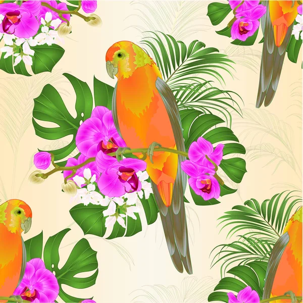 Naadloze Textuur Zon Papegaaiachtigen Parrot Tropische Vogel Staande Een Paarse — Stockvector