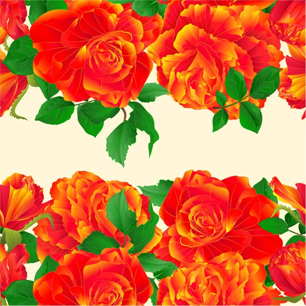 Borda Floral Sem Costura Horizontal Fundo Laranja Rosa Botões Vintage — Vetor de Stock