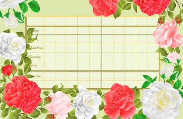 Timetable Weekly Schedule Pink White Roses Vintage Vector Illustration Editable — Stock Vector