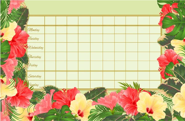 Timetable Weekly Schedule Hibiscus Various Palm Philodendron Ficus Vintage Vector — Stock Vector