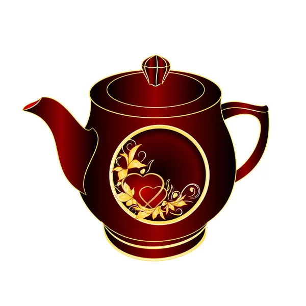 Tetera Oro Porcelana Negro Rojo Ornamento Corazón Hojas Sobre Fondo — Vector de stock