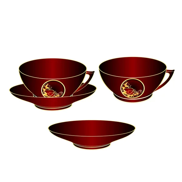 Coppa Parte Nero Rosso Porcellana Oro Ornamento Cuore Foglie Sfondo — Vettoriale Stock