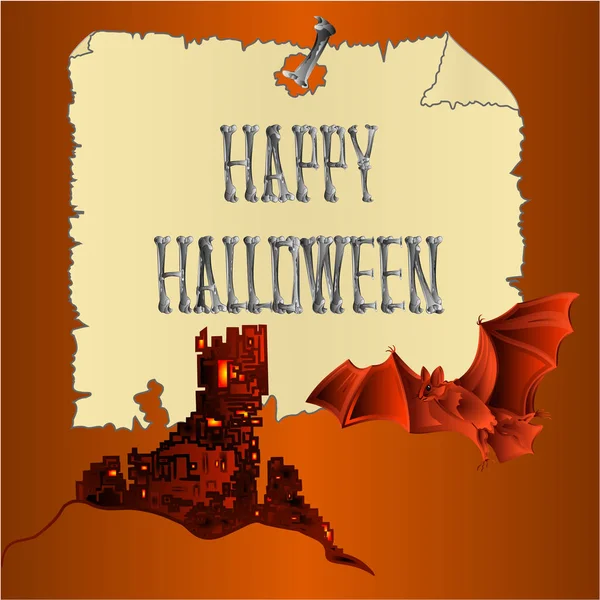 Happy Halloween Inscription Bones Spooky Castle Bat Orange Holiday Background — Stock Vector