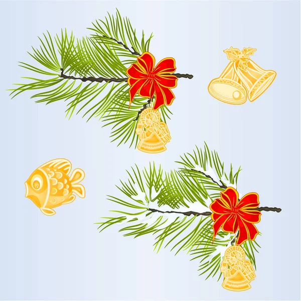 リボンと天使の鐘と魚とモミの木のクリスマスと新年の装飾クリスマスの飾りのセット枝編集手描ビンテージ ベクトル図 — ストックベクタ