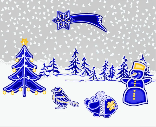 圣诞节和新年装饰冬天风景森林与雪与小猪雪人鸟树彗星作为彩陶复古向量例证可编辑的手画 — 图库矢量图片