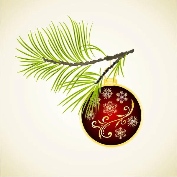 圣诞节和新年装饰红色圣诞装饰品与金黄雪花四和冷杉树分支老式向量例证可编辑的手画 — 图库矢量图片
