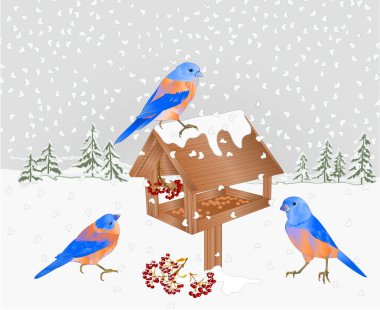 Kar kış manzara orman ve mavi kuşlar besleyici Noel Tema doğal arka plan vintage vektör çizim düzenlenebilir el ile metin için yer çizmek